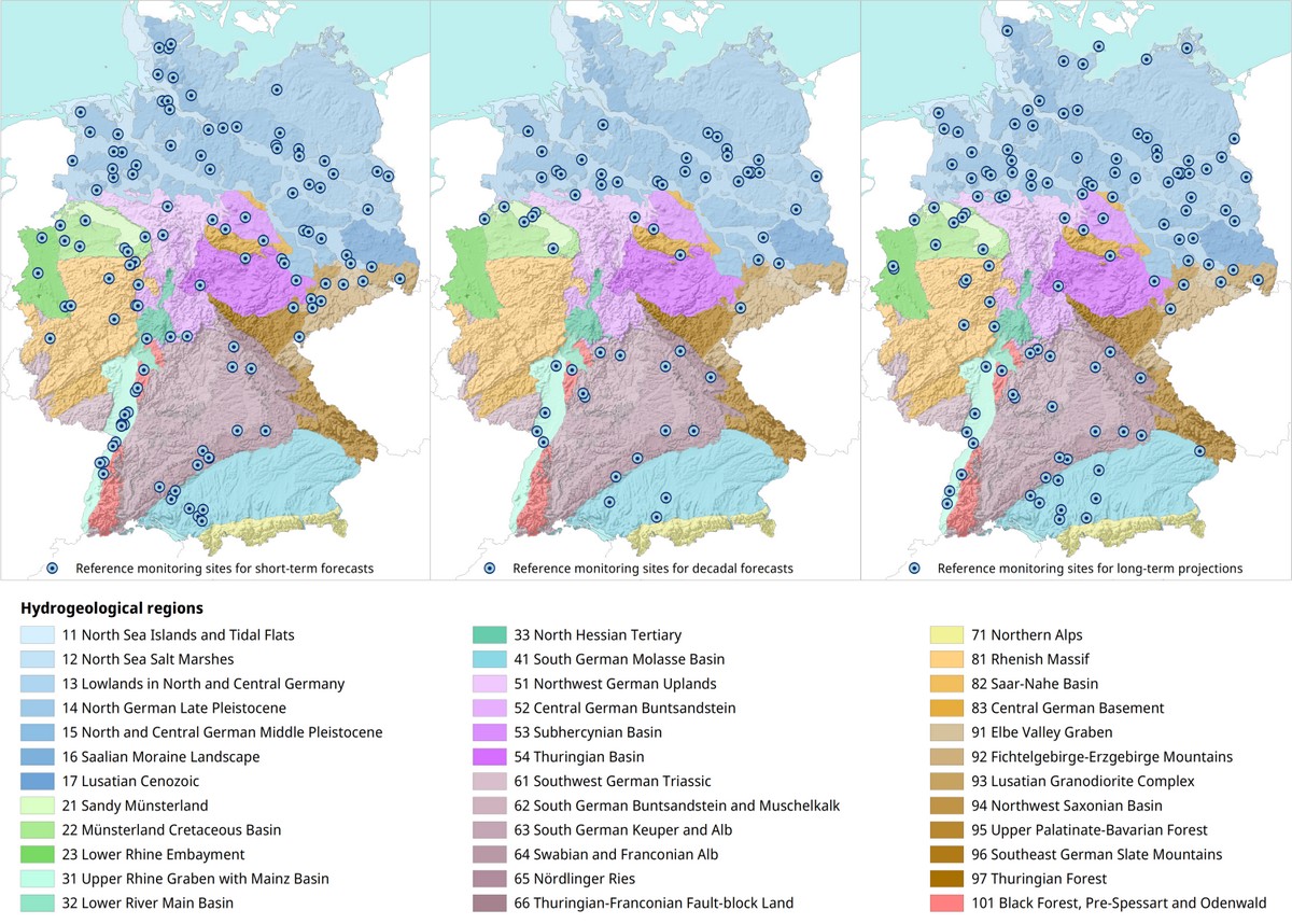 Reference monitoring sites for the short-term and decadal forecasts as well as the long-term projections